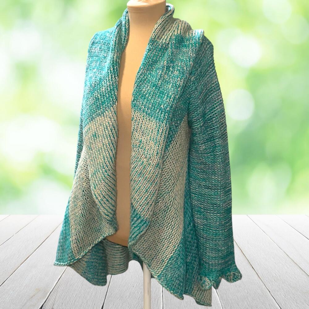 Peruvian Alpaca Cardigan Sweater Chunky Knit Open Front Ruffle Hem Green OS